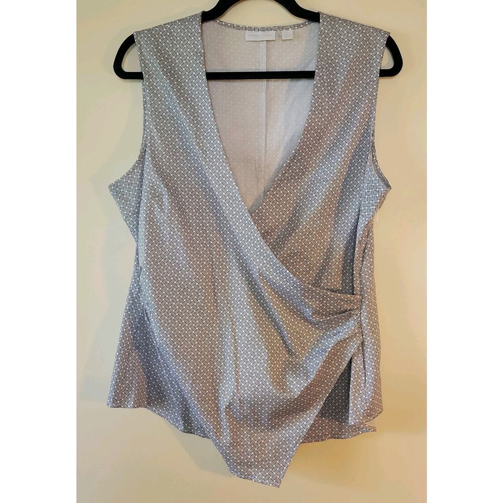 Womens Sleeveless Asymmetrical Blouse Size L Faux Wrap Geometric Side Zip Career